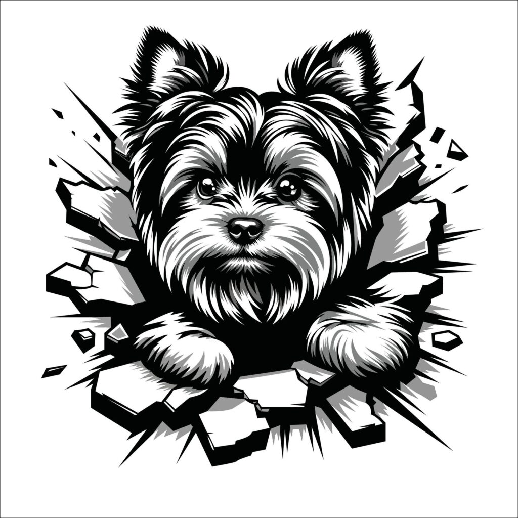 Yorkshire Terrier Dog looking breaks through a breakthrough wall Illustration Free Vector