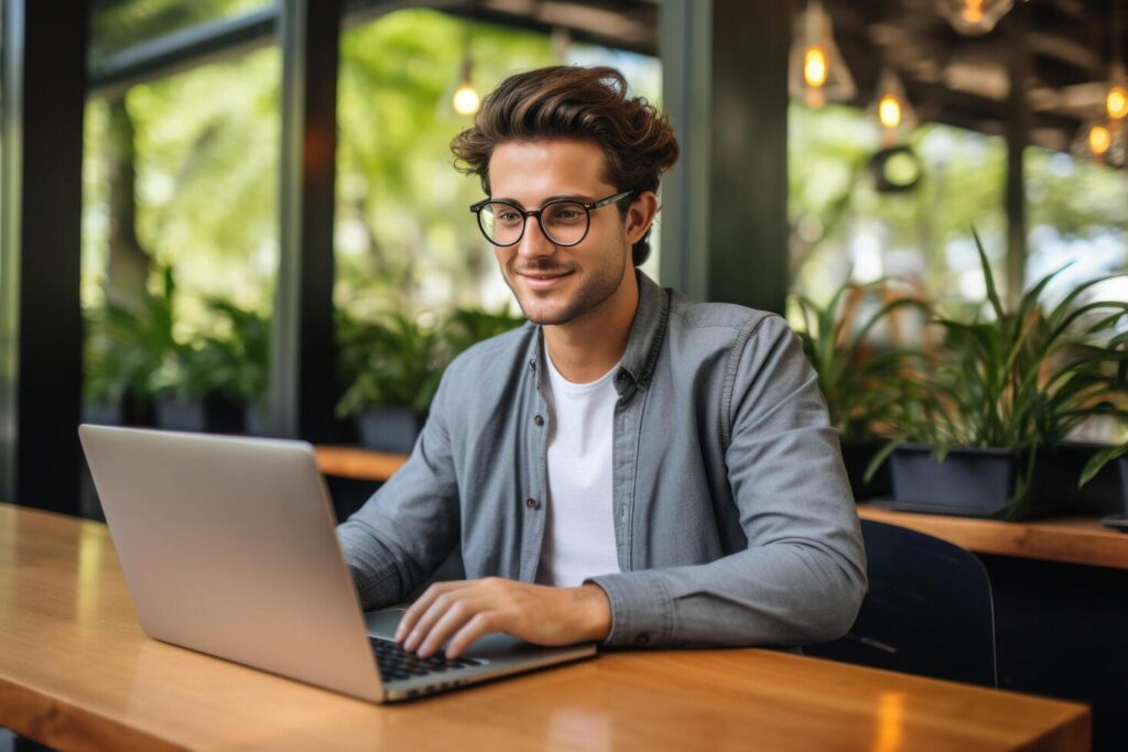 AI generated young business man smiling at camera in office Stock Free