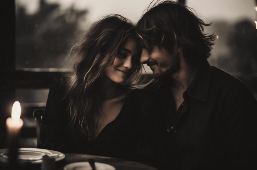 Young couple sitting in a restaurant on the terrace and looking at each other Free Photo