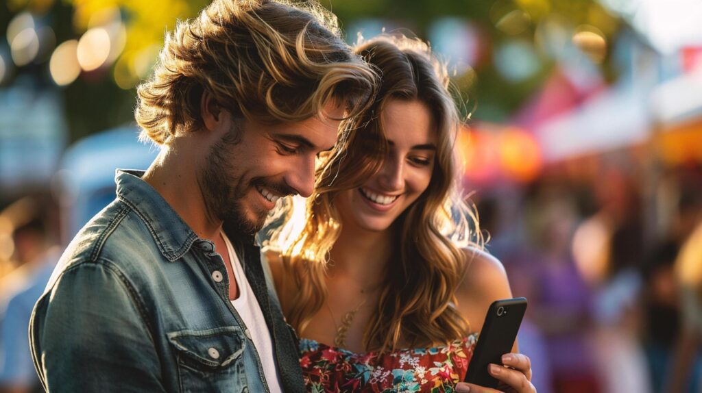 Young couple using mobile phone in the street. Smiling young man and woman using smartphone. Free Photo