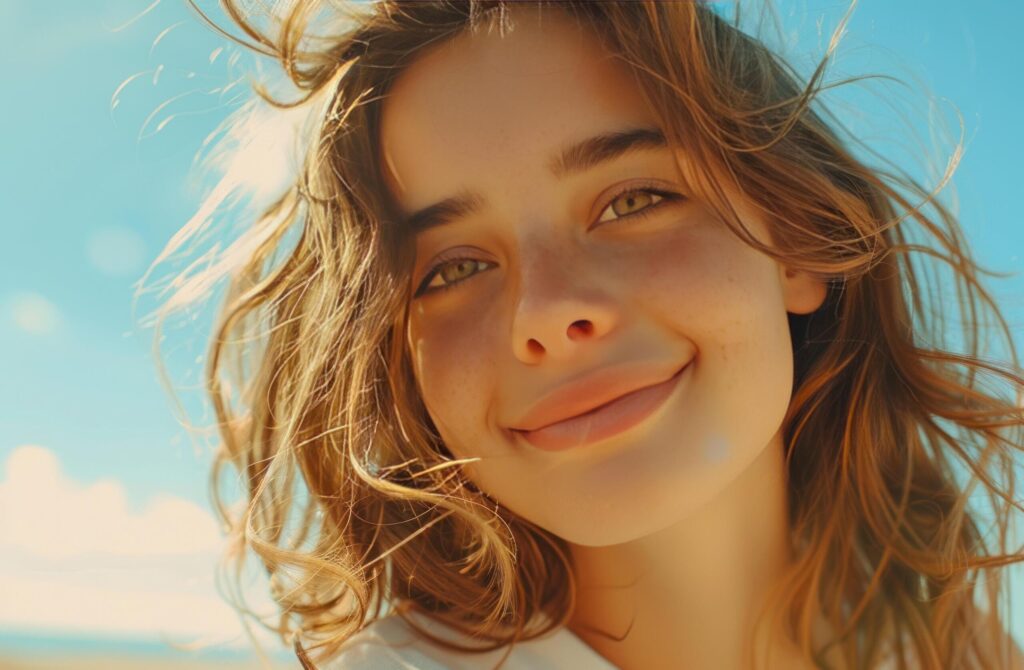 young girl smiling at camera while selfie taking woman Free Photo