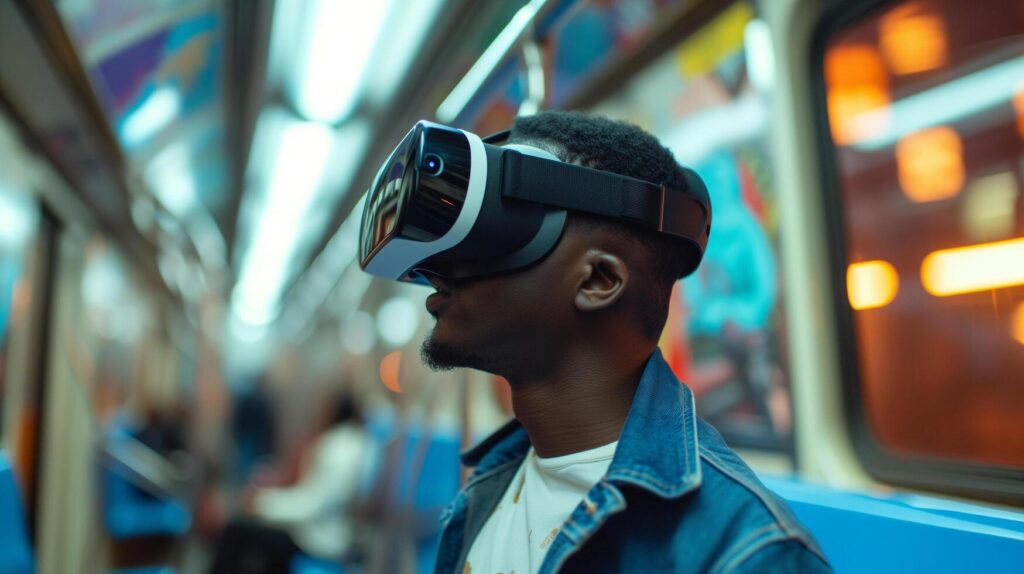 AI generated Young man using VR virtual reality glasses while taking metro subway in the city, lifestyle and technology concept Stock Free