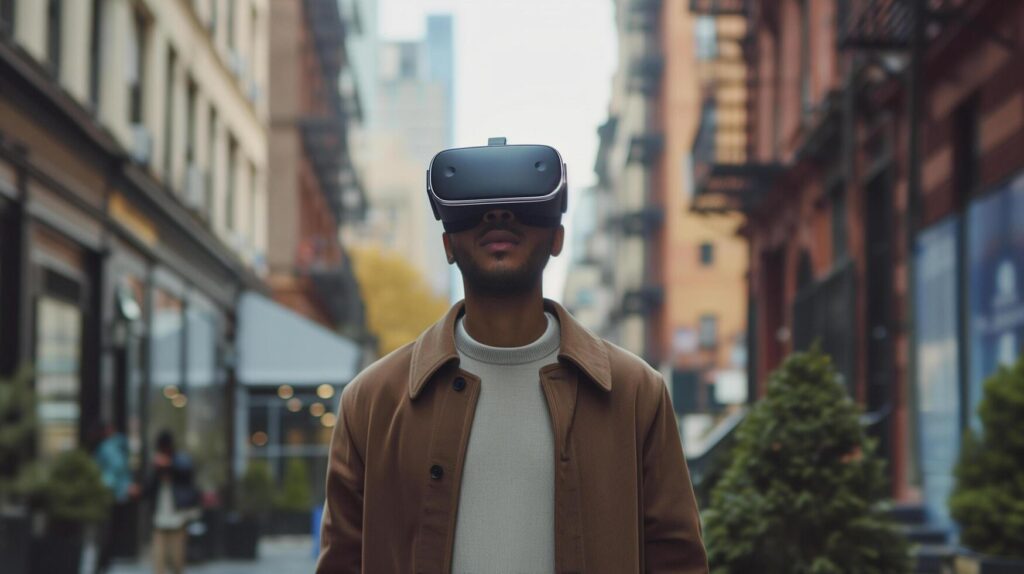 AI generated Young man using VR virtual reality glasses while walking in city street, lifestyle and technology concept Stock Free