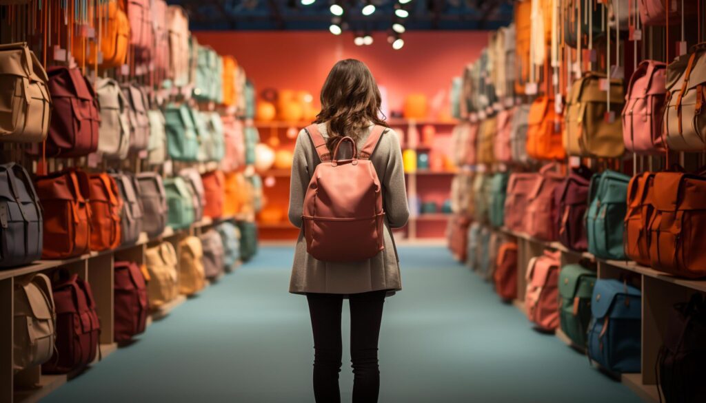 Young woman choosing fashionable backpack in retail store generated by AI Free Photo