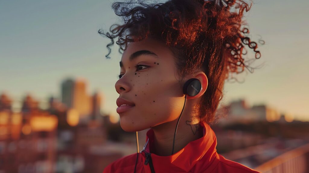 Young Woman Dances to Music in Cityscape Immersed in Wireless Earbuds Free Photo