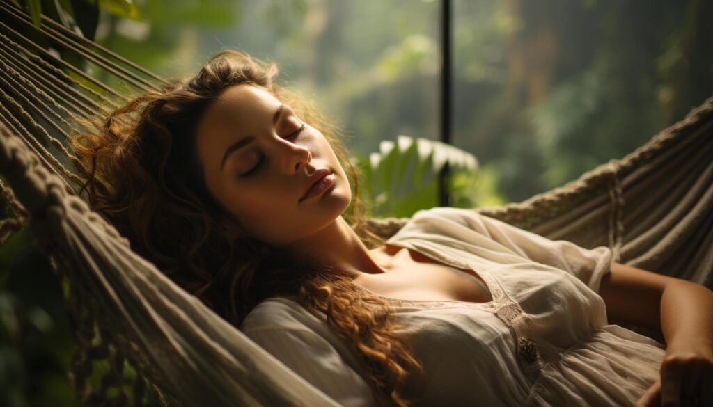 Young woman enjoying a peaceful summer day in a hammock generated by AI Free Photo