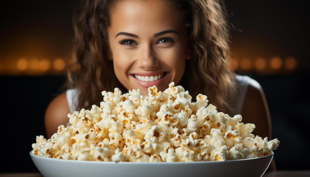 Young woman enjoying a snack, smiling and looking at camera generated by AI Free Photo