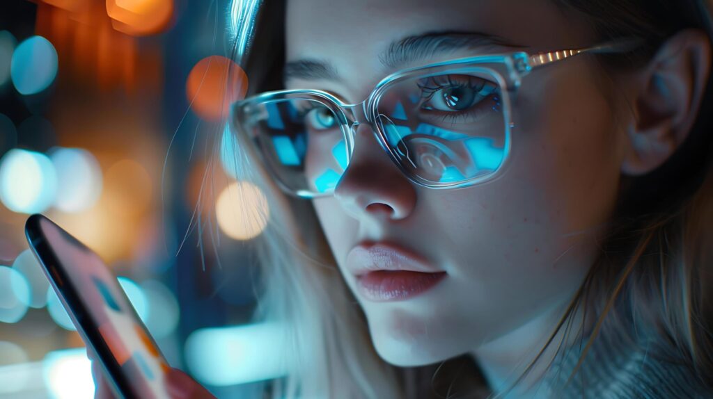 Young Woman Enjoys TechFilled Moment Smiling with Wireless Earbuds and Smartphone at Colorful Desk Free Photo