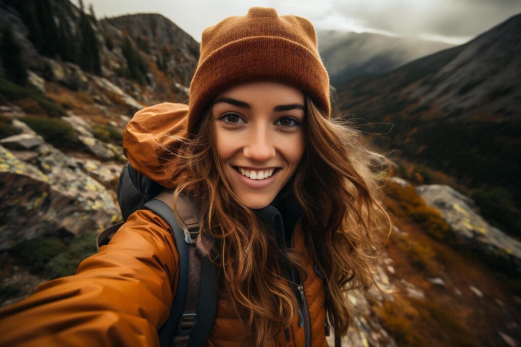 Young woman hiker taking selfie with mobile phone in the mountains. Free Photo