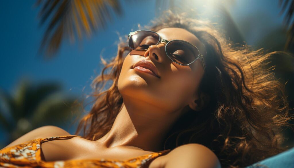 Young woman in sunglasses enjoys summer vacation, smiling in nature generated by AI Free Photo