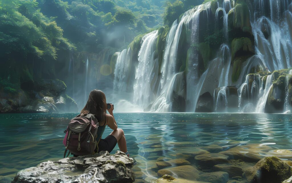 Young woman looks at waterfall while taking photo from camera Free Photo