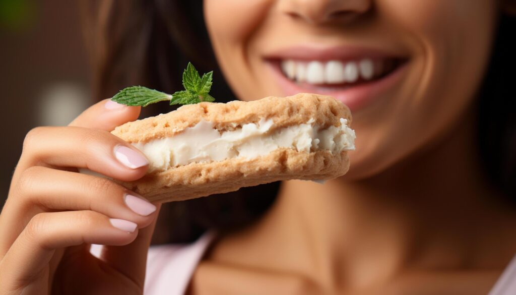 Young woman smiling, holding a slice of chocolate dessert generated by AI Free Photo