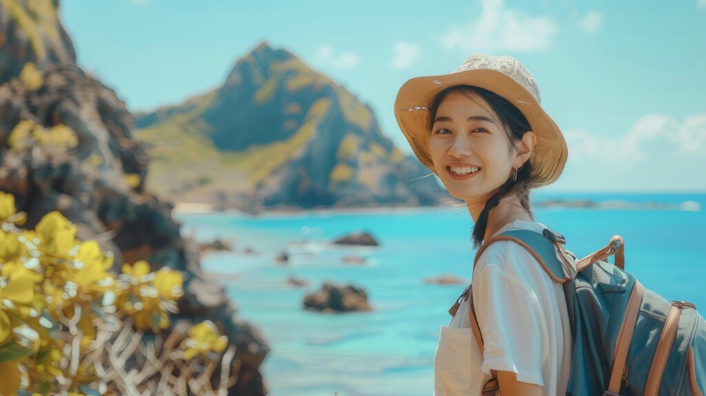 Young woman with backpack traveling alone on top of a tropical island mountain on a sunny summer day. Free Photo