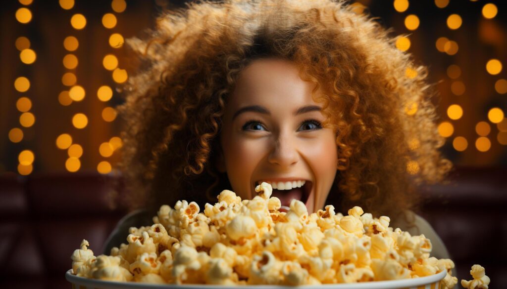 Young women enjoying food and movie, smiling and laughing generated by AI Free Photo