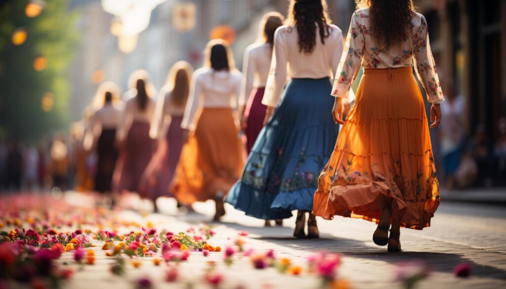 Young women walking outdoors in traditional festival clothing generated by AI Free Photo