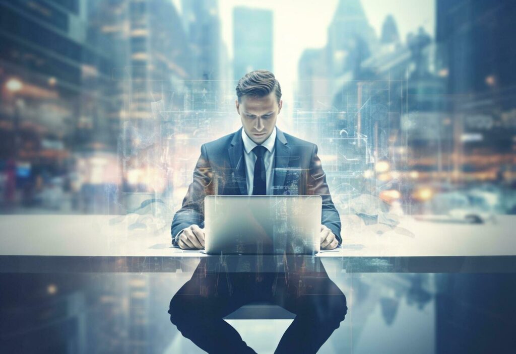 Ai generative double exposure photo of a business man using laptop on his desk front view office background realistic image, ultra hd, high design very detailed Stock Free