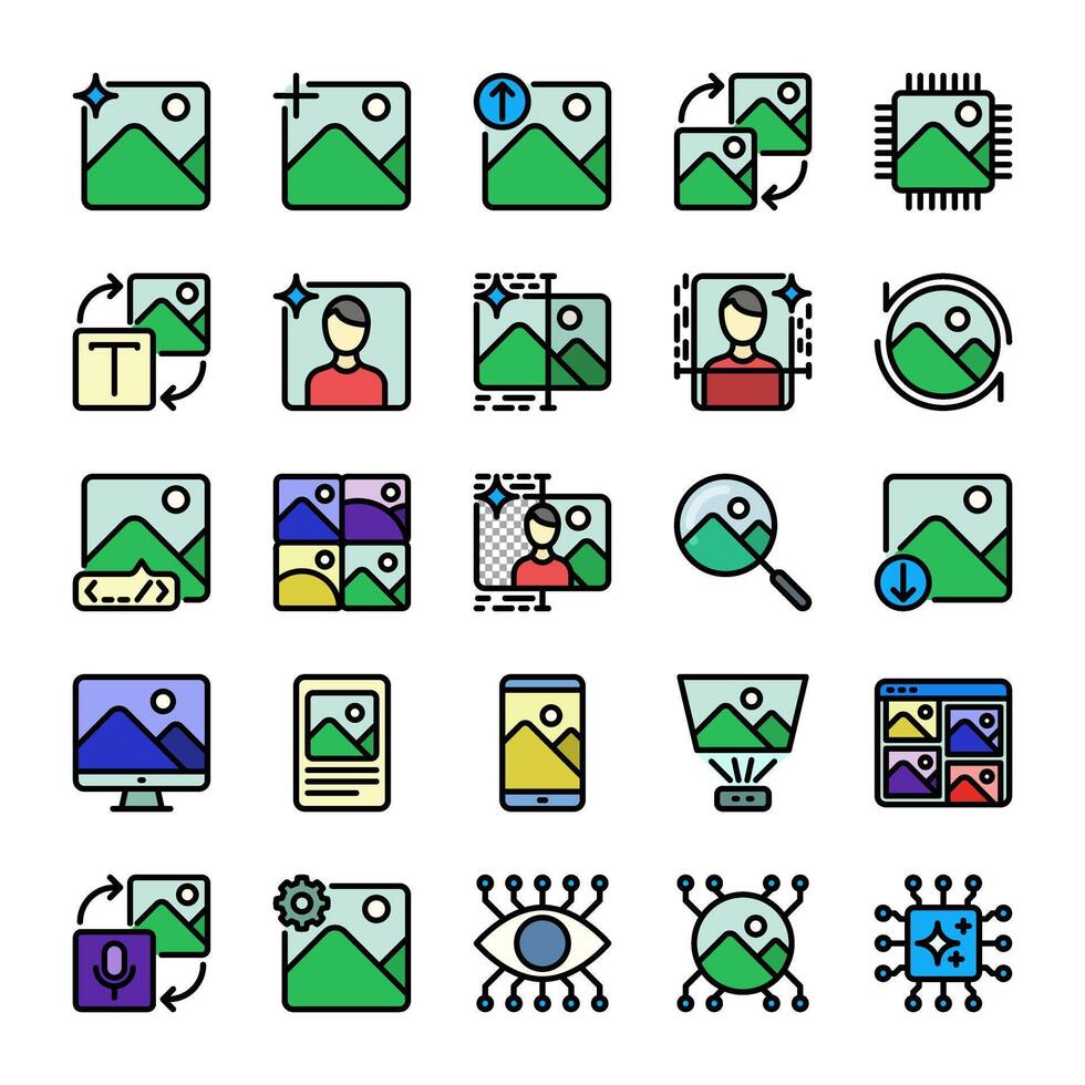 AI image generated icon collection in colored outline style for the development of artificial intelligence technology Stock Free