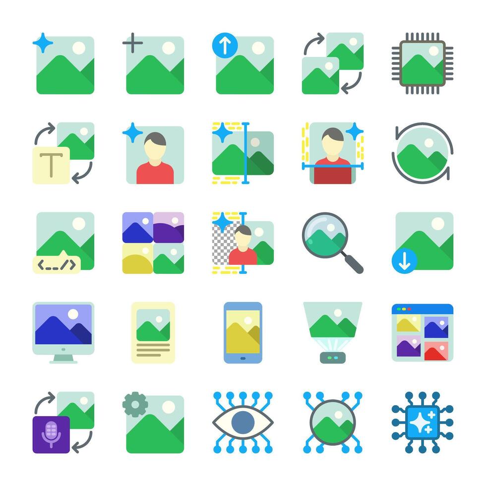 AI image generated icon collection in flat style for the development of artificial intelligence technology Stock Free