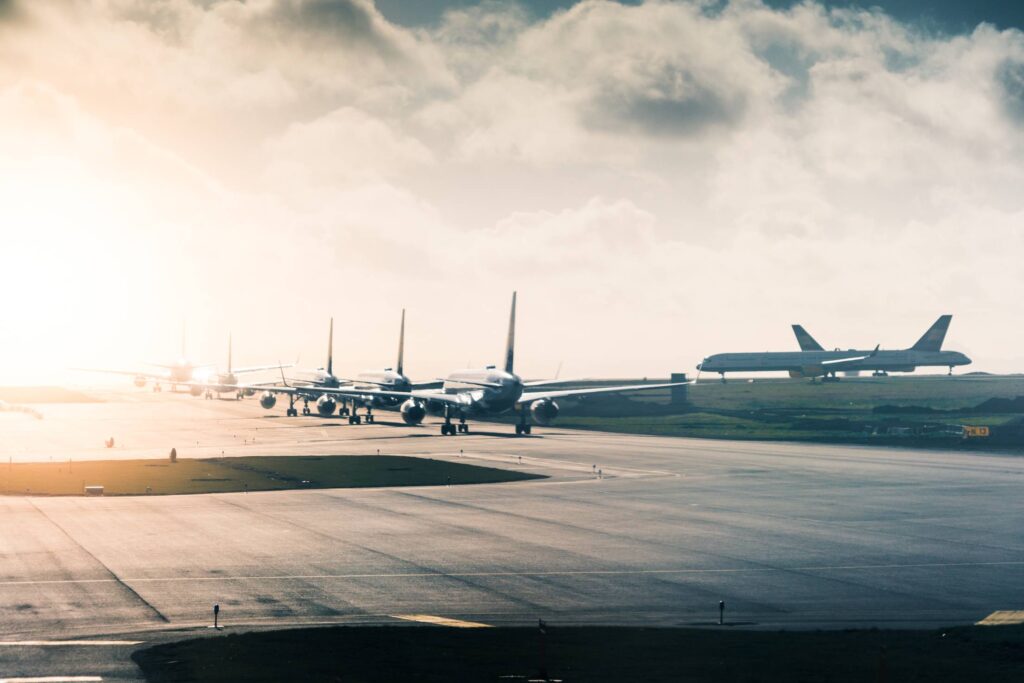 Airport Taxiway Long Queue of Planes Free Photo