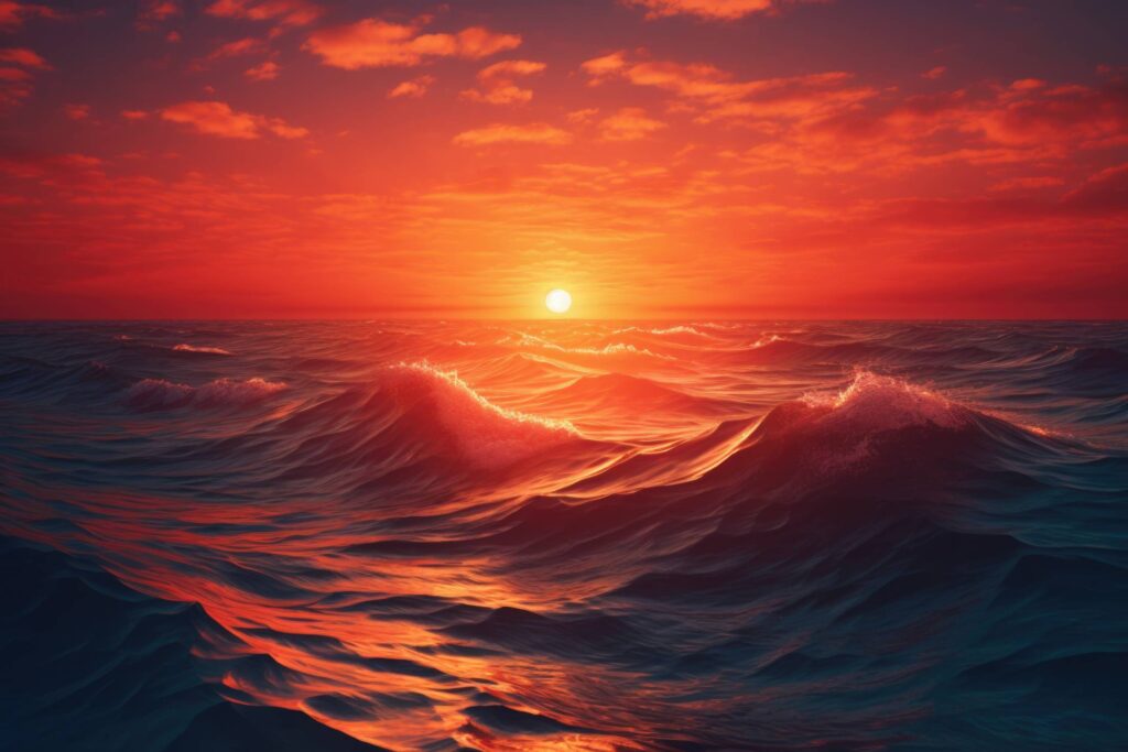 Amazing Red Sunset Above Ocean Waves Stock Free