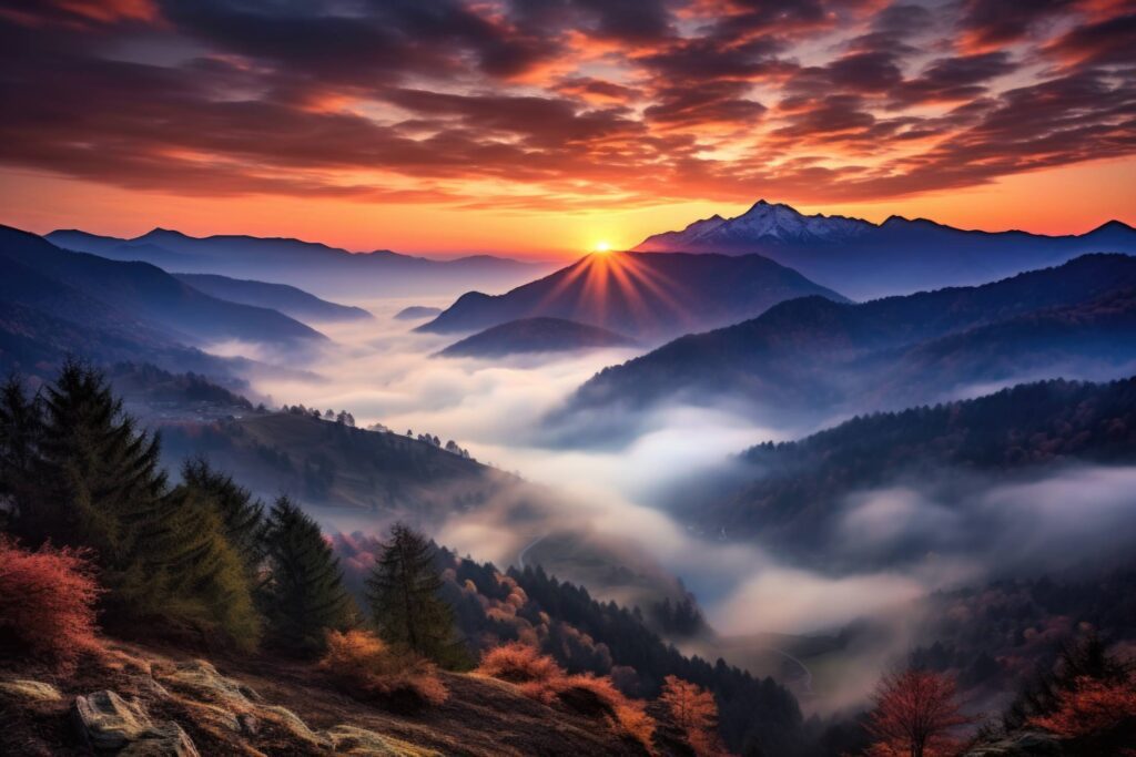 Amazing Sunset Mountain Scenery with Inversion Free Photo