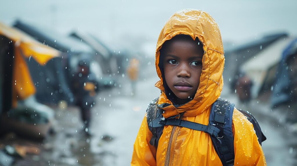 An African boy volunteer in a yellow jacket hood is a war refugee in a refugee camp in the rain. Poverty and lack of resources. AI-Generated Free Photo