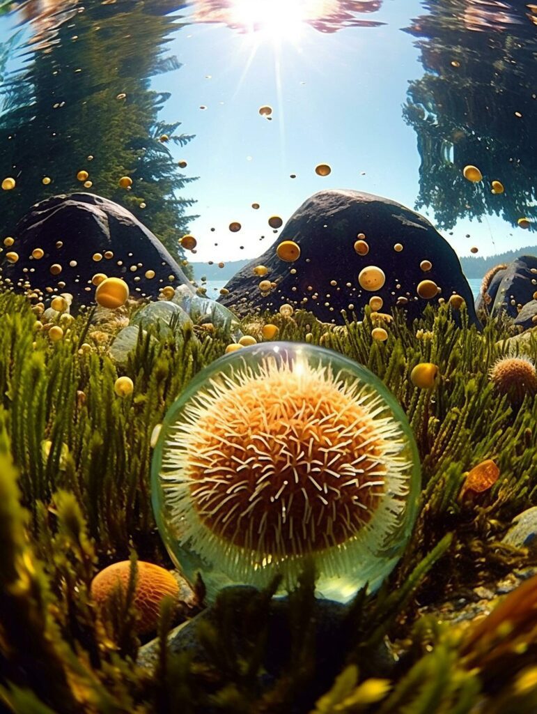 An aquarium showing sea urchins and sea lettuce AI Generated Image Free Photo