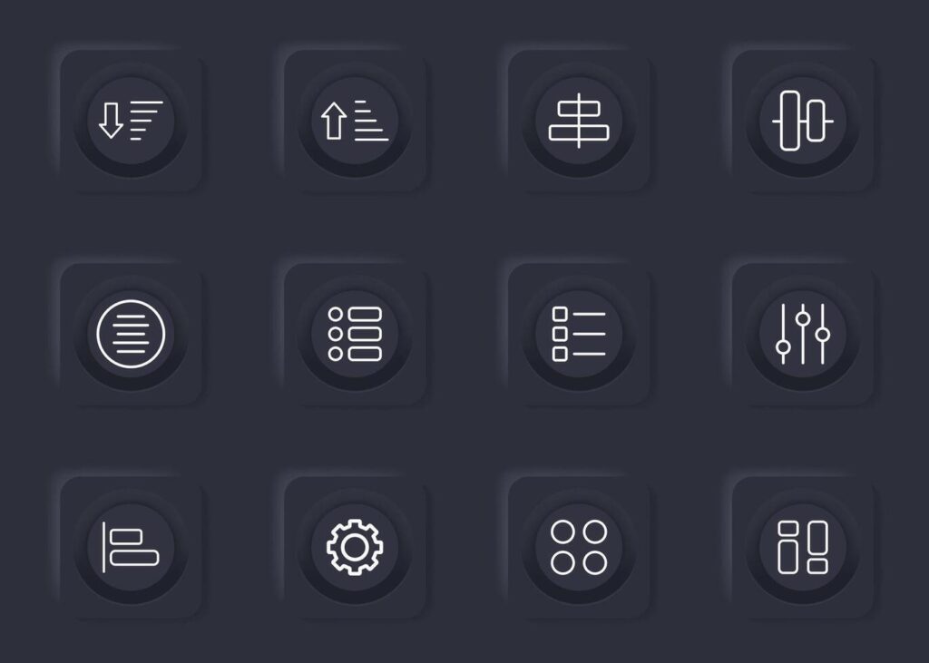 App menu set icon. Application, program, alignment, arrow up and down, list, checkbox, adjust, gear, settings, tune, slider. Technology concept. Stock Free