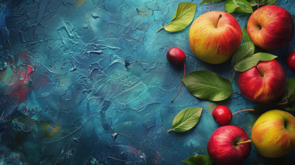 Apples and Leaves on Blue Background Stock Free