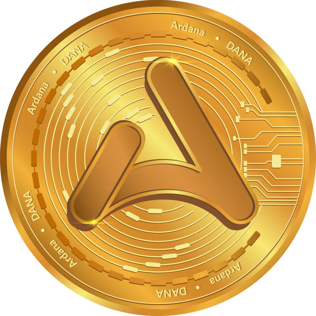 Ardana DANA gold coin.Cryptocurrency exchange.Ardana DANA coin logo isolated. Free Vector