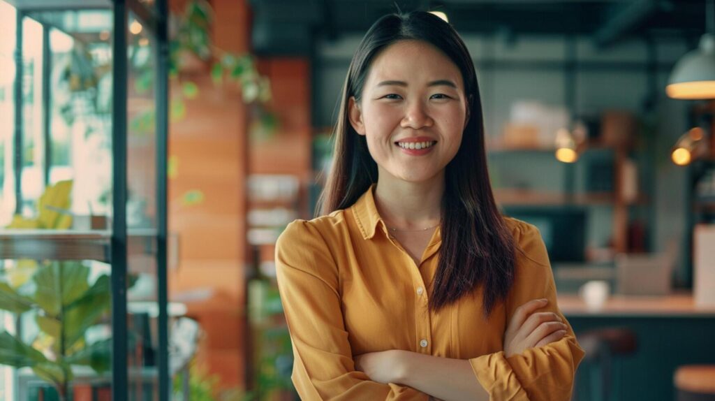 asian business woman standing in front of a restaurant Stock Free