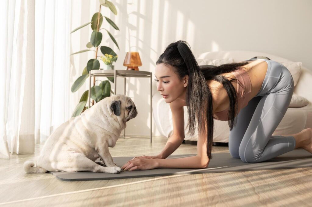 Asian woman in sportswear exercising and doing yoga with cute dog in living room at home, healthy lifestyle, Mental health concept. Stock Free