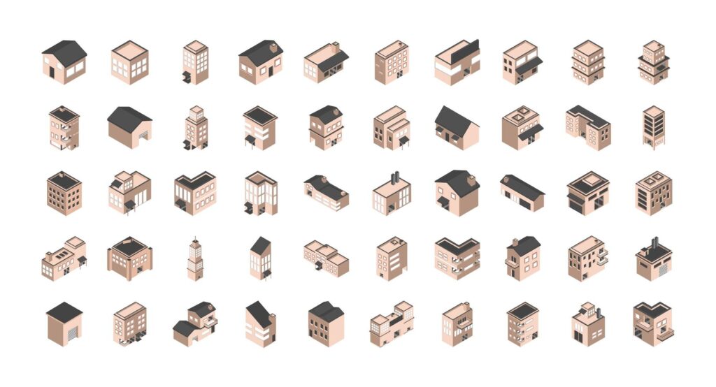 Assorted buildings and houses isometric icons Stock Free and Free SVG