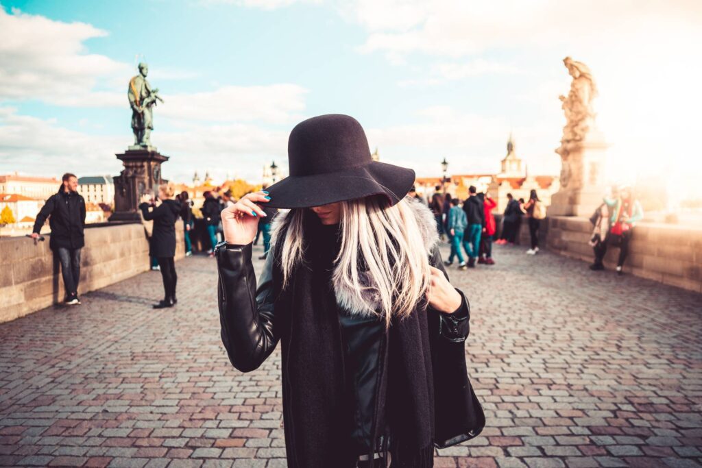 Autumn Fall Fashion Woman on Charles Bridge Free Photo