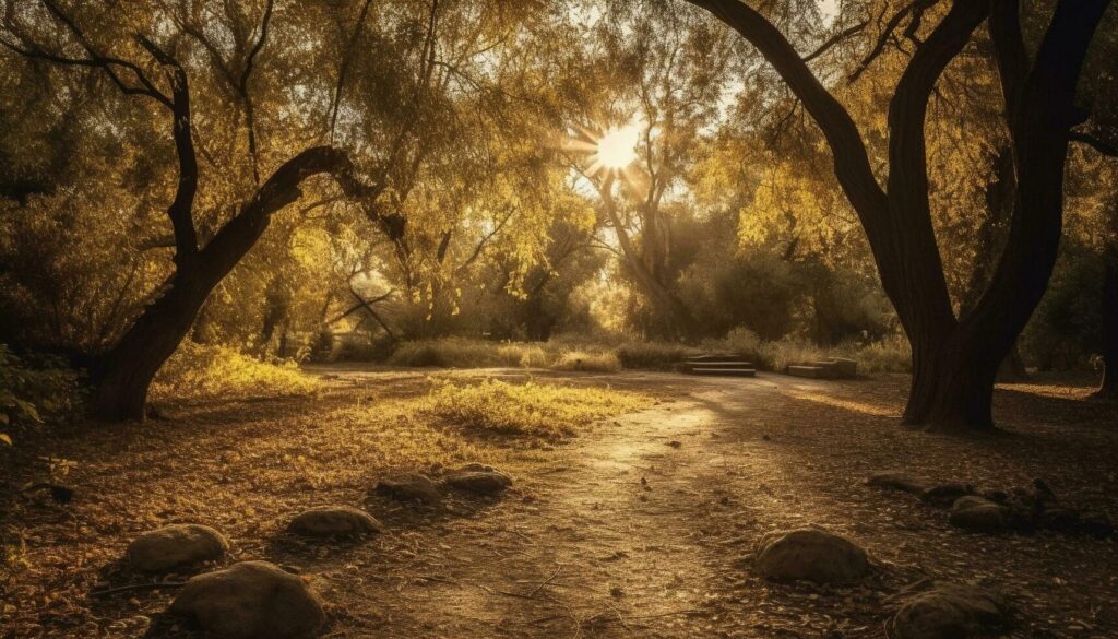 Autumn sunset, tranquil forest beauty in nature generated by AI Stock Free