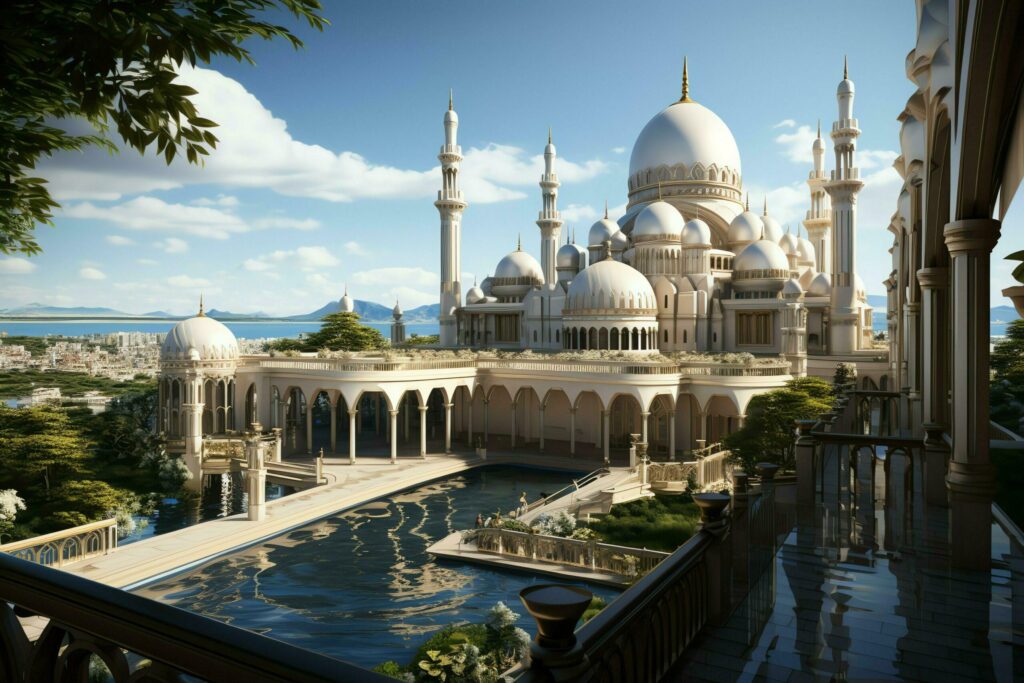 Awesome buildings of mosque in ramadan vibes. Ramadan kareem eid mubarak islamic mosque concept by AI Generated Free Photo