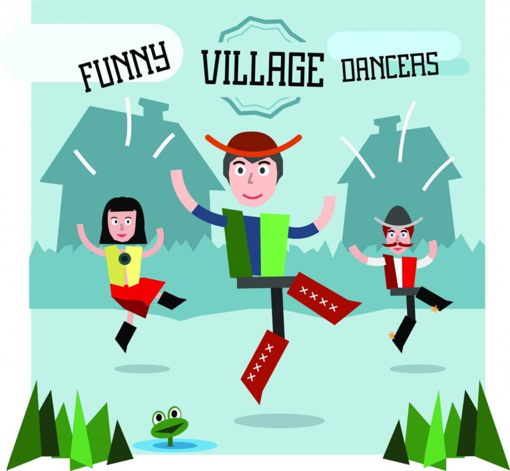 Some village people dancing. Three different characters in similar pose. Free for vector design