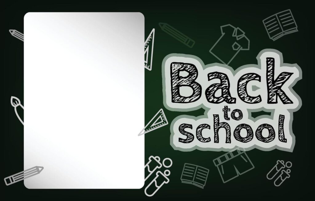 Back to school banner. Decorated with white education icons and blank paper. on the dark background of the blackboard. vector illustration concept school and students Stock Free