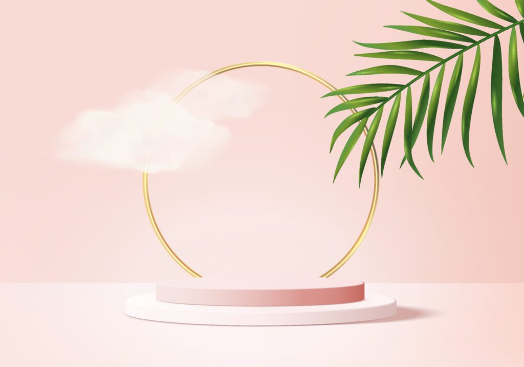 Background vector 3d pink rendering with podium and minimal cloud scene, minimal product display background 3d rendered geometric shape sky cloud pink pastel. Stage 3d render product in platform Free Vector