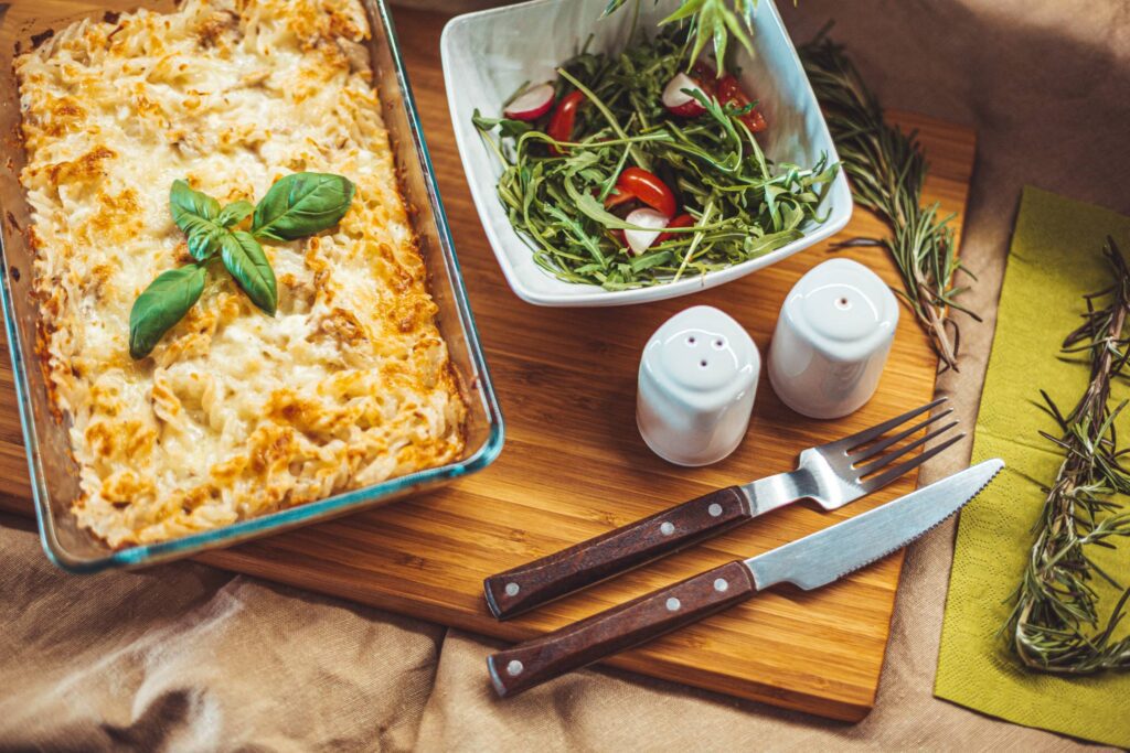 Baked Pasta With a Tuna and a Vegetable Salad Free Photo