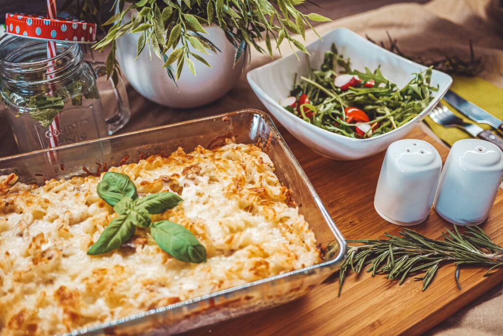 Baked Tuna Pasta Served with a Vegetable Salad Free Photo