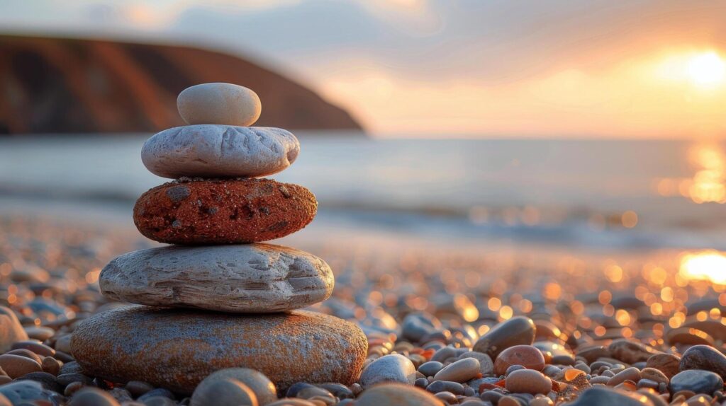 Balanced Rocks on a Beach With Ocean and Rocky Coastline in the Background Stock Free