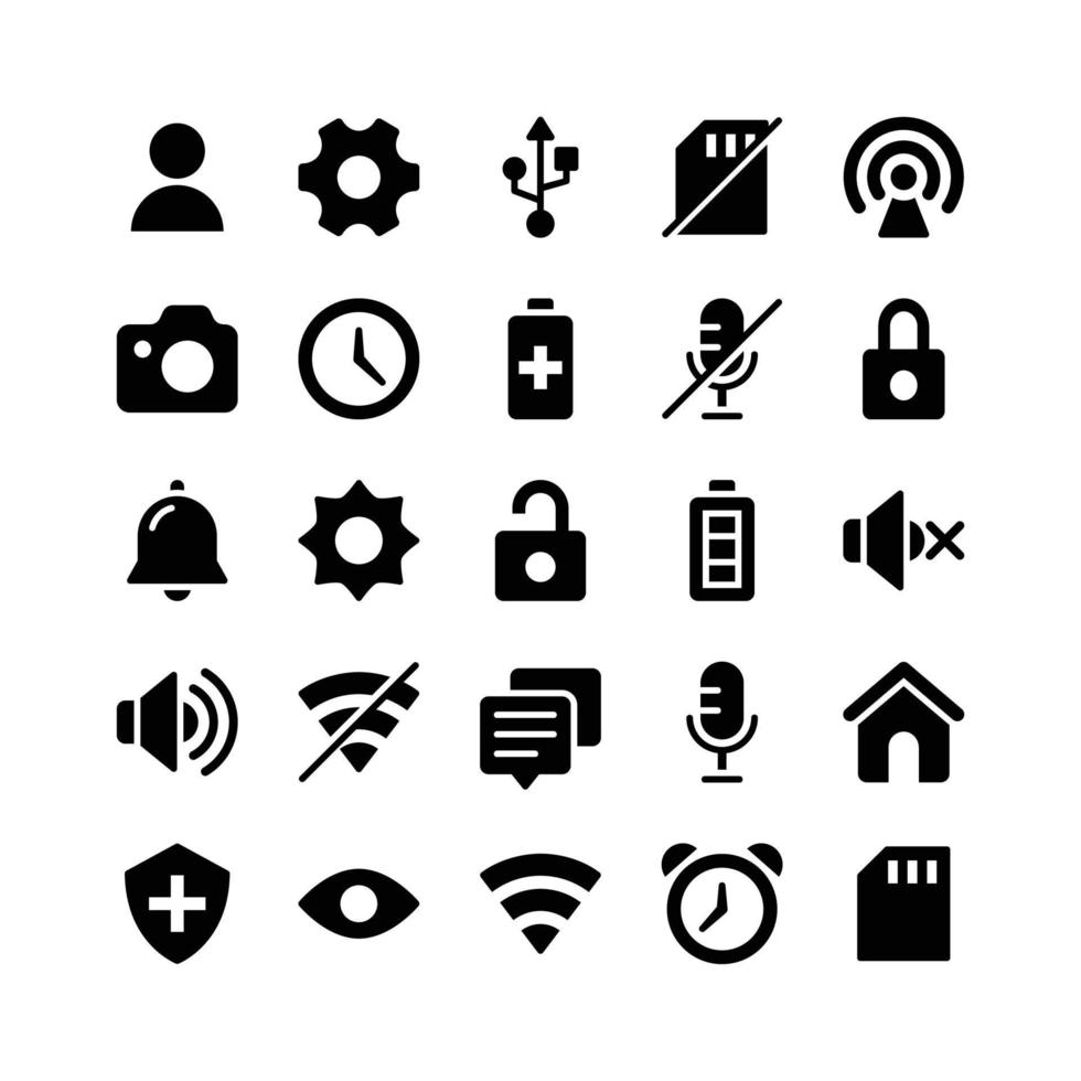 Basic UI Glyph Icons Including User, Gear, Port, Memory Card, Wifi, Camera, Clock, Battery, Microphone, Padlock, Bell, Sun, Padlock, Battery, Speaker, Speaker, Wifi, Chat, Microphone, Home, Etc Stock Free