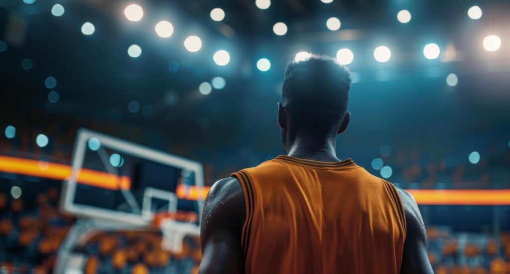 Basketball Player Standing on Court During Game With Blurred Crowd in Background Stock Free