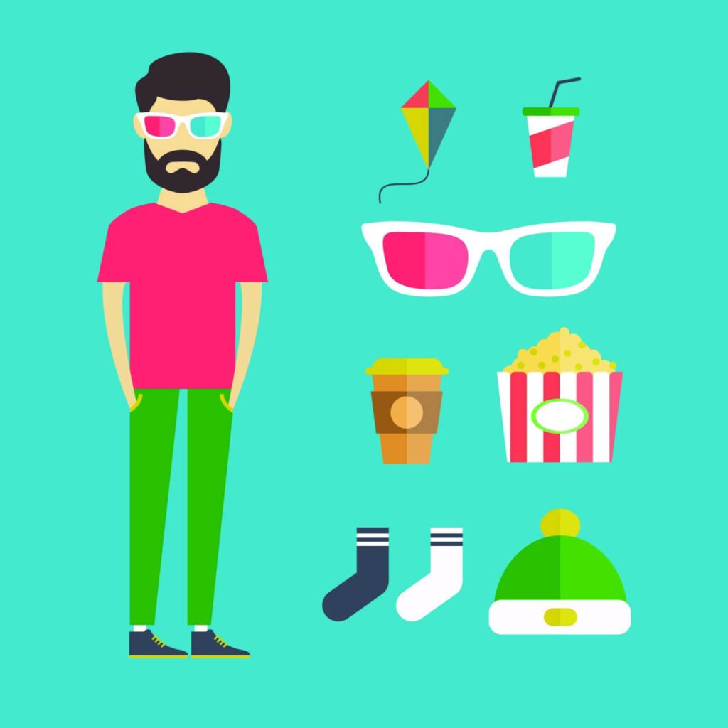 People vector young character with tools and objects. Free illustration for design