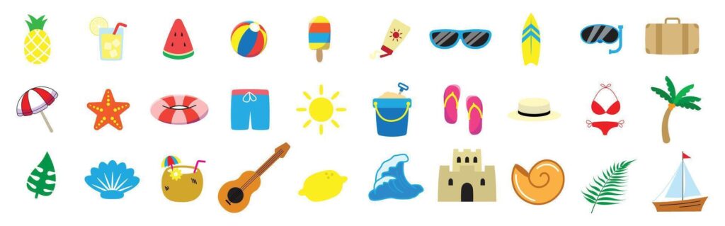 beach summer vibes cute icon set, ocean summer season symbol object Stock Free