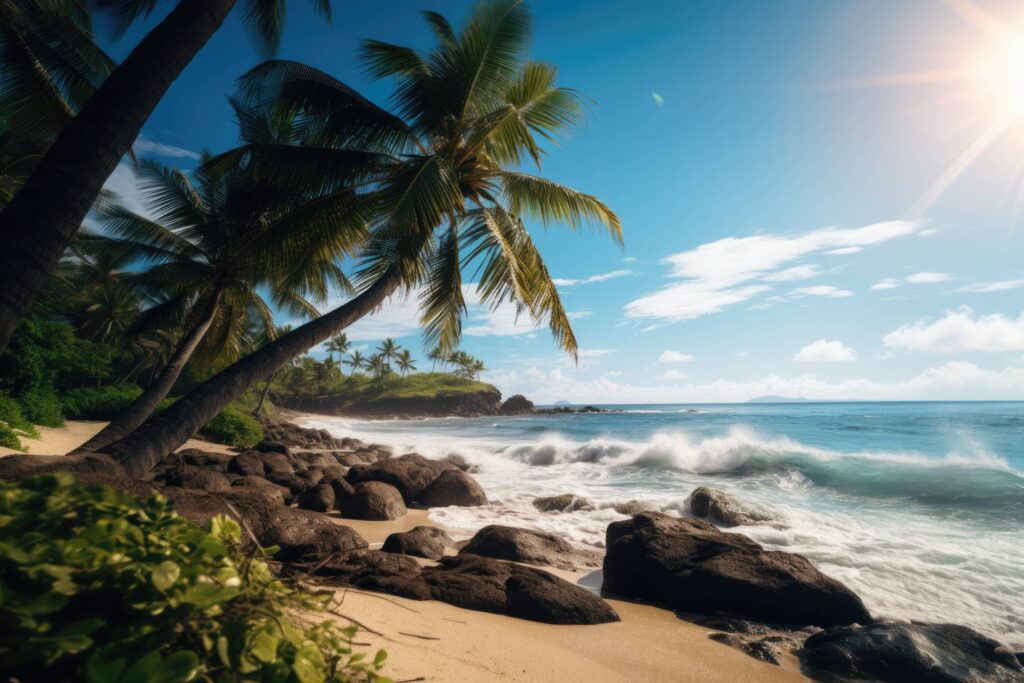 Beautiful Beach with Palms, Sand and Rocks Stock Free