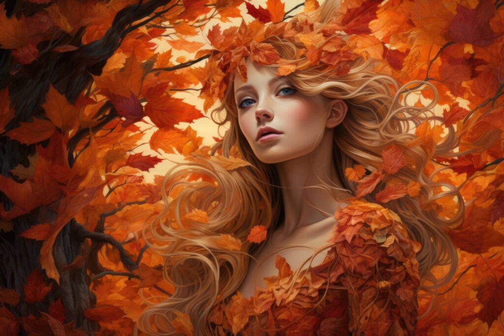 Beautiful Blonde Woman in Golden Autumn Leaves Stock Free