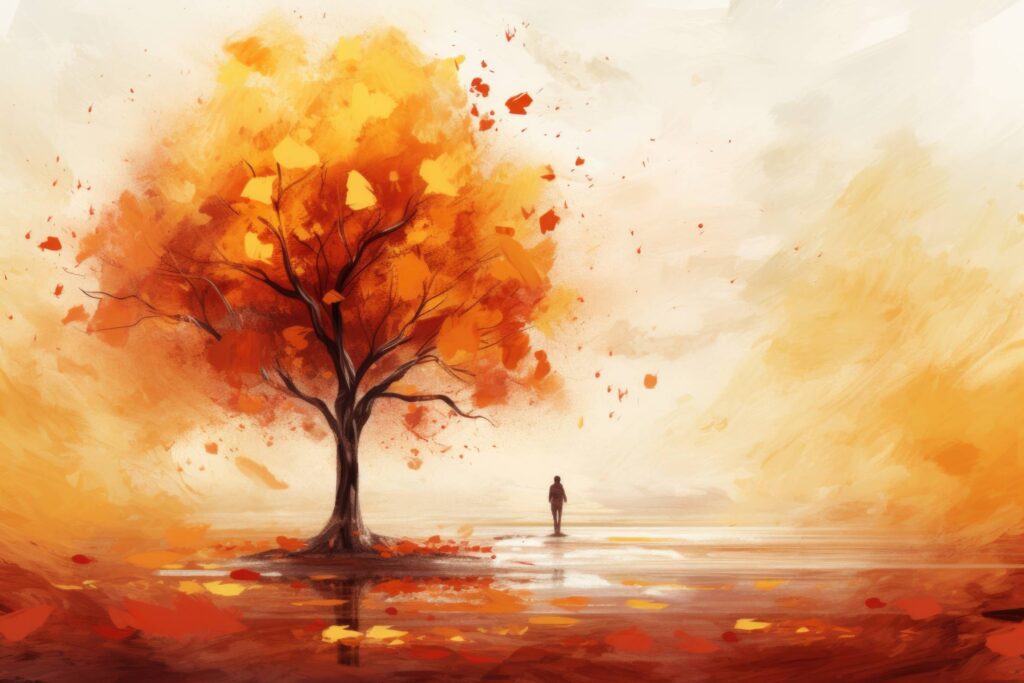 Beautiful Fall Colors Painting Lonely Autumn Tree with a Person Stock Free