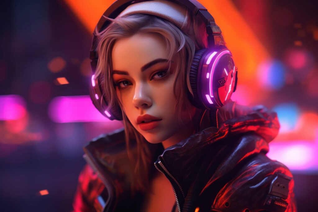 Beautiful Futuristic Portrait of Gamer Woman Stock Free